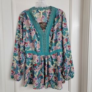 Matilda Jane Womens Floral Blue Teal Boho Peasant Longsleeve Blouse Tunic. L